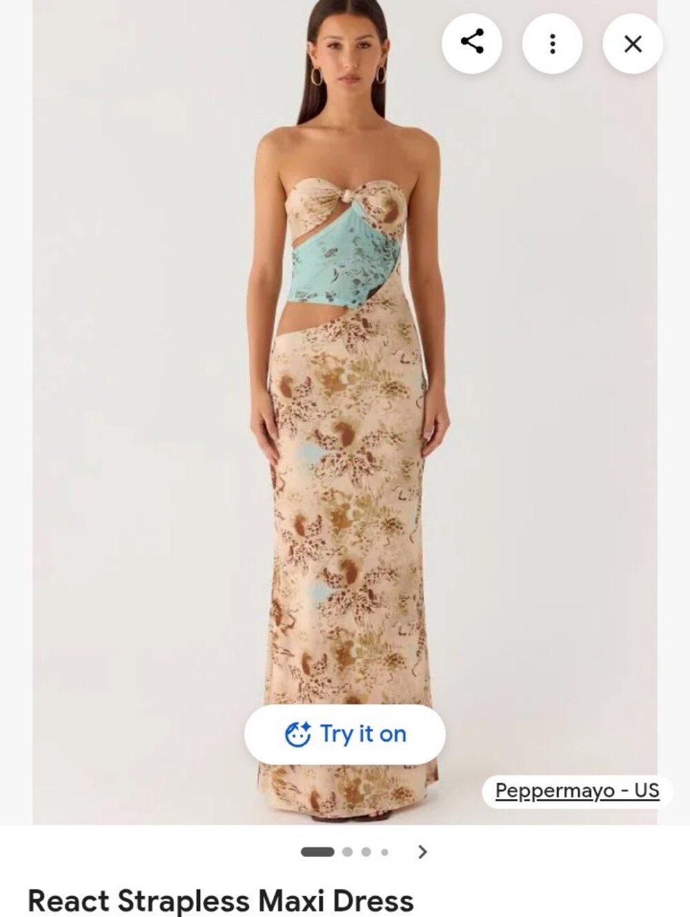 Peppermayo Strapless Maxi Dress in Beige with Aqua Floral Accents